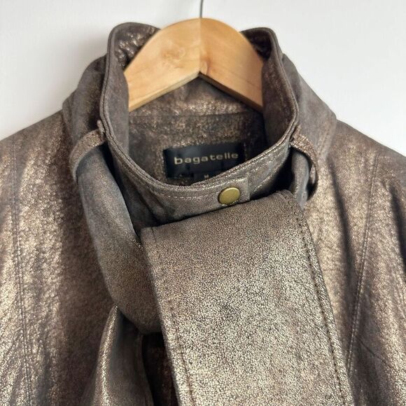 BAGATELLE Metallic Brown Leather Motorcycle Jacket Size Medium Scarf Tie Biker - Picture 2 of 16